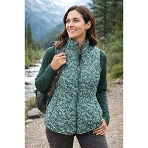 Eddie Bauer Quilted Puffer Vest S Green Floral Zip Lightweight Pockets Outdoor